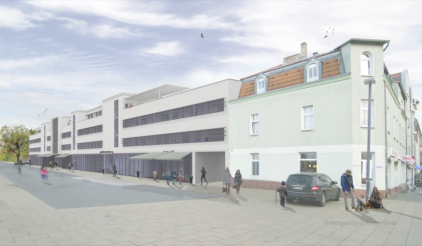 Perspektive des neuen Verwaltungs- und Geschäftshauses Bahnstraße 5-12, Falkensee, am Bahnhofsvorplatz