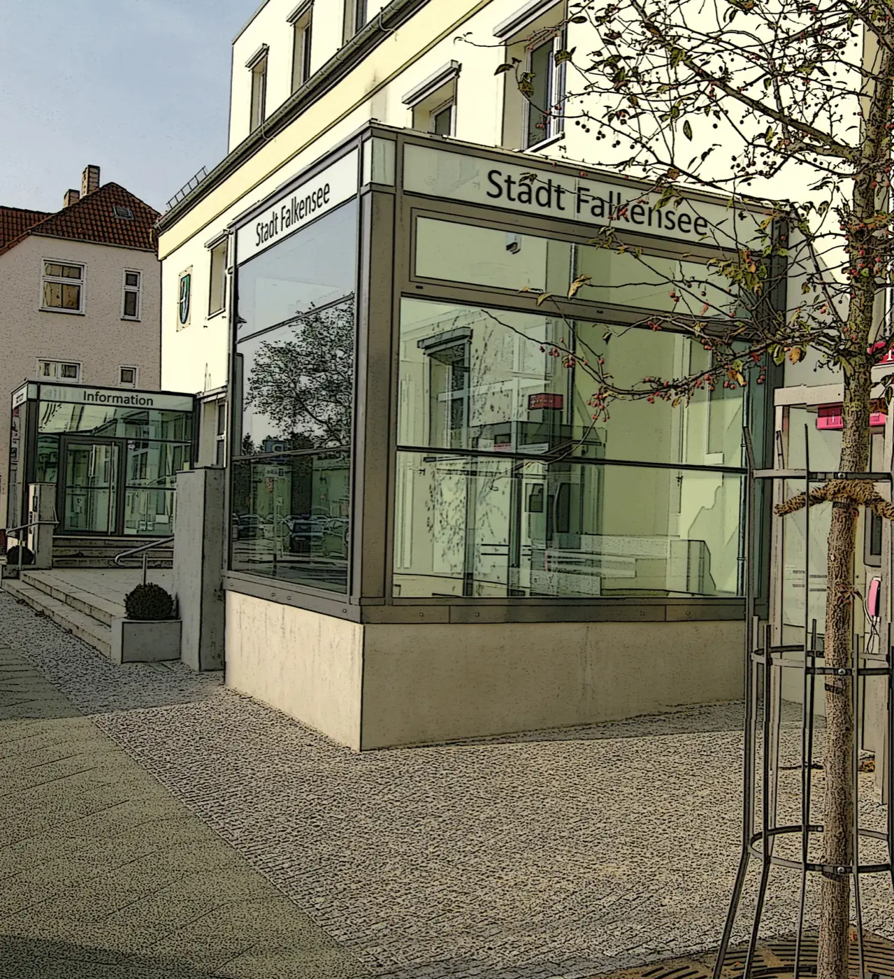 Bürgeramt Falkensee, Umbau der ehemaligen Post, Blick auf den vorgesetzten Glaskubus des Eingangs